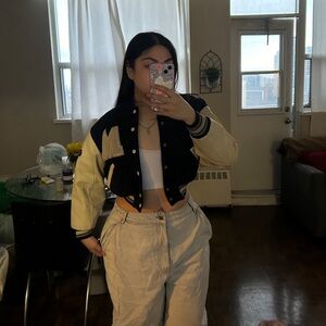 Club Monaco navy and Cream Varsity Jacket